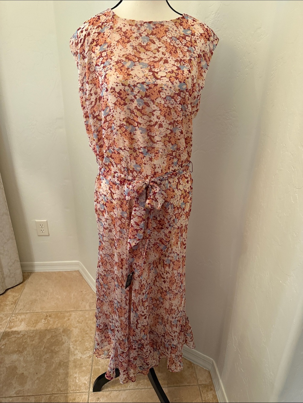 Lauren Ralph Lauren Peach and Blue Floral Tie-Waist Maxi Dress